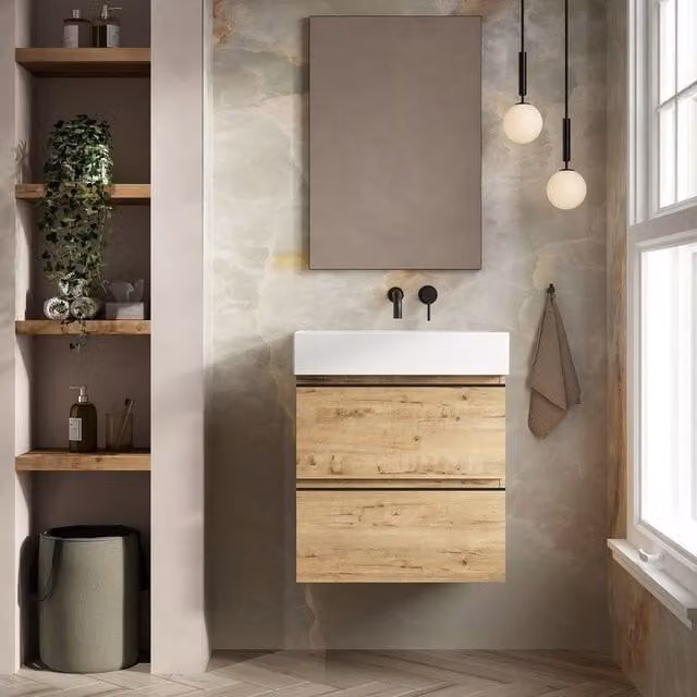 Banyetti Vatilla 600mm Wall Hung Vanity Unit with Veneto No Tap Hole Basin in Ostippo Light Oak – 1