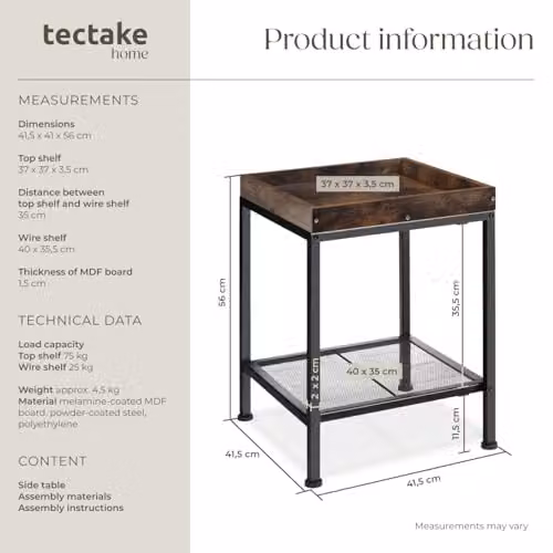 tectake 2-Tier Industrial Style Side Table with Storage Shelf in Black and Brown, W/D/H: 41.5 x 41.0 x 56.0 cm – 3