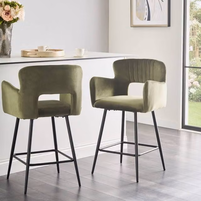 Wyld Haus Velvetia Set of 2 Retro Bar Chairs in Green and Black with Upholstered Frame