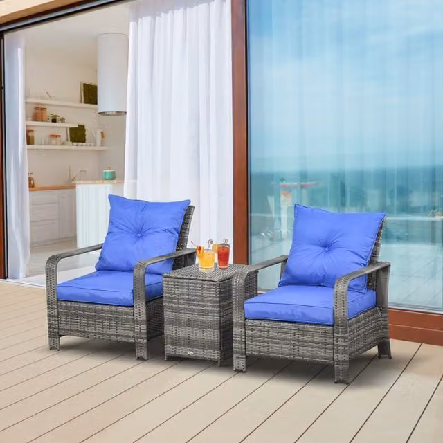 Outsunny 3 Piece Modern Blue PE Rattan and Metal Garden Furniture Set
