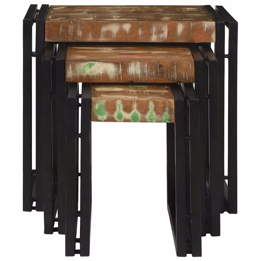 Berkfield Home Nesting Tables, 3 Piece Set in Brown and Multicolour Solid Reclaimed Wood – 4