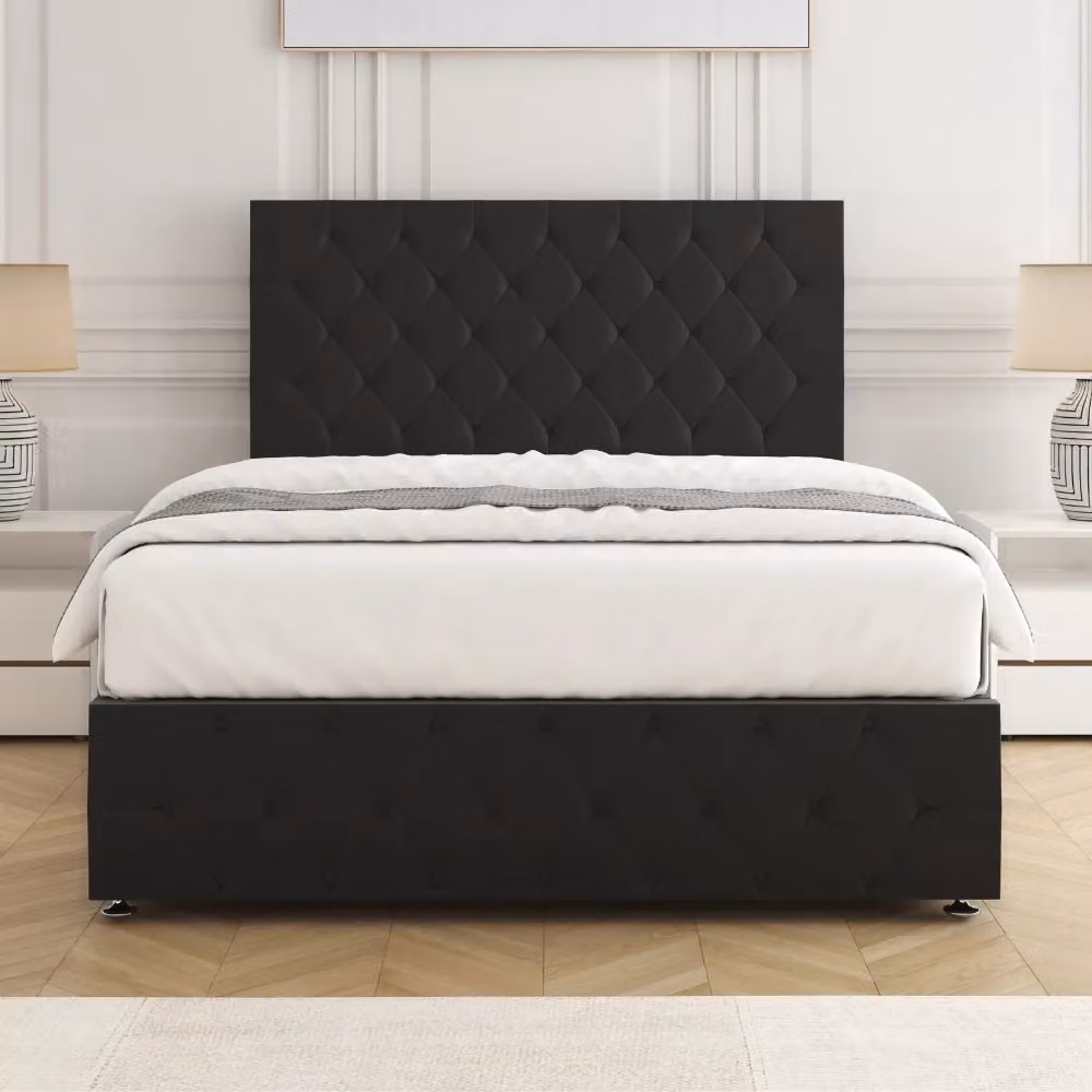 BSSPOKE Mulberry Velvet Small Double Divan Bed with 24 inch Headboard, Footboard, 4 Drawers and Mattress in Black, W/D/H: 120 x 200 x 30.48 cm – 2