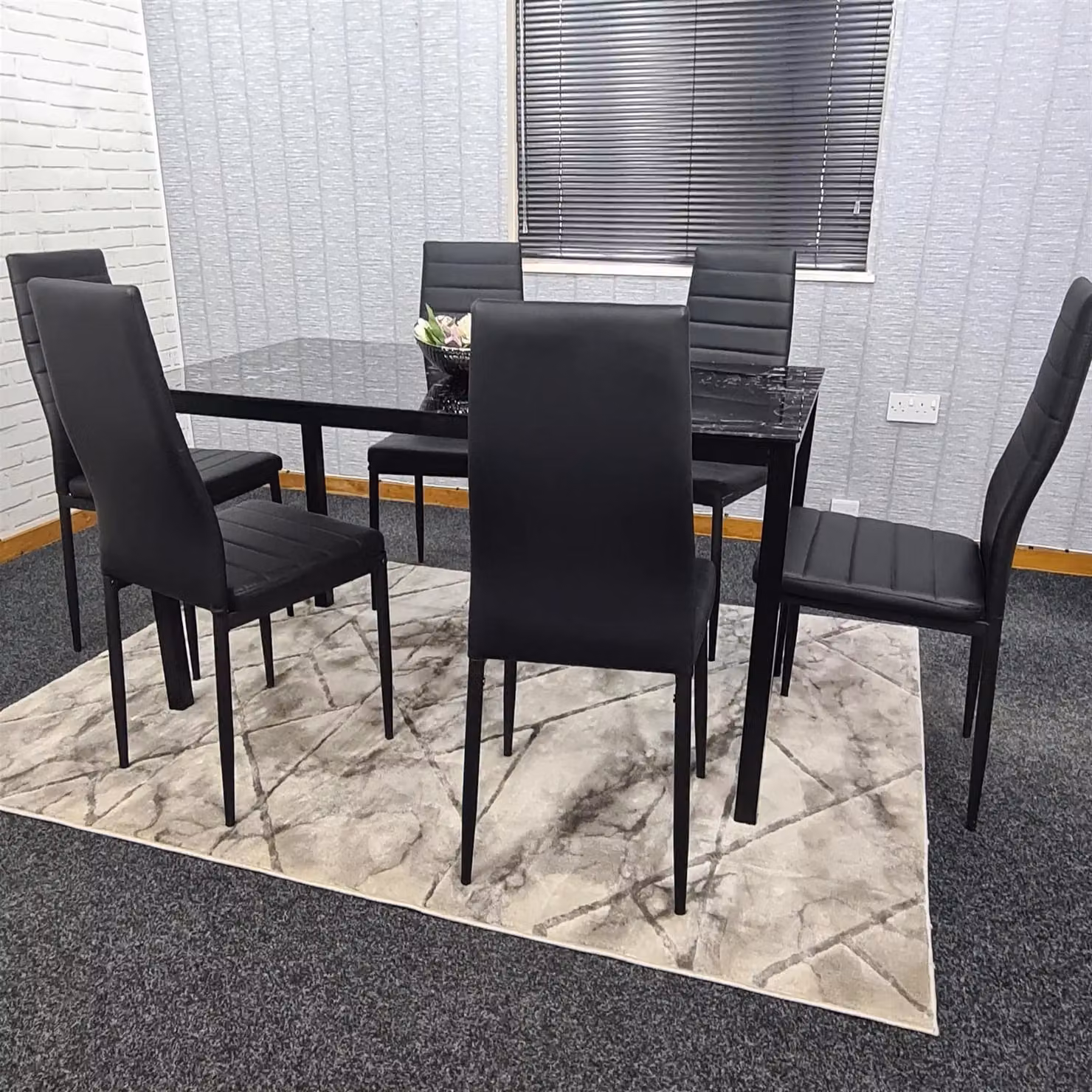KOSY KOALA Modern Black Marble Effect Glass Dining Table and 6 Brown Leather Chairs Set – 6