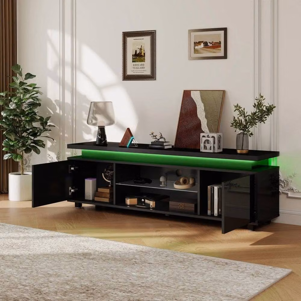 KORVIXA Modern Black Glossy LED TV Unit Stand Cabinet with 2 Doors and Integrated Lighting, W/D/H: 100 x 100 x 100 cm – 2