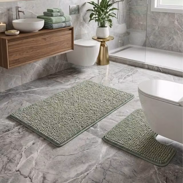 Snug City 2-Piece Chenille Loop Bath Mat and WC Pedestal Mat Set in Green, W: 50 cm x L: 80 cm