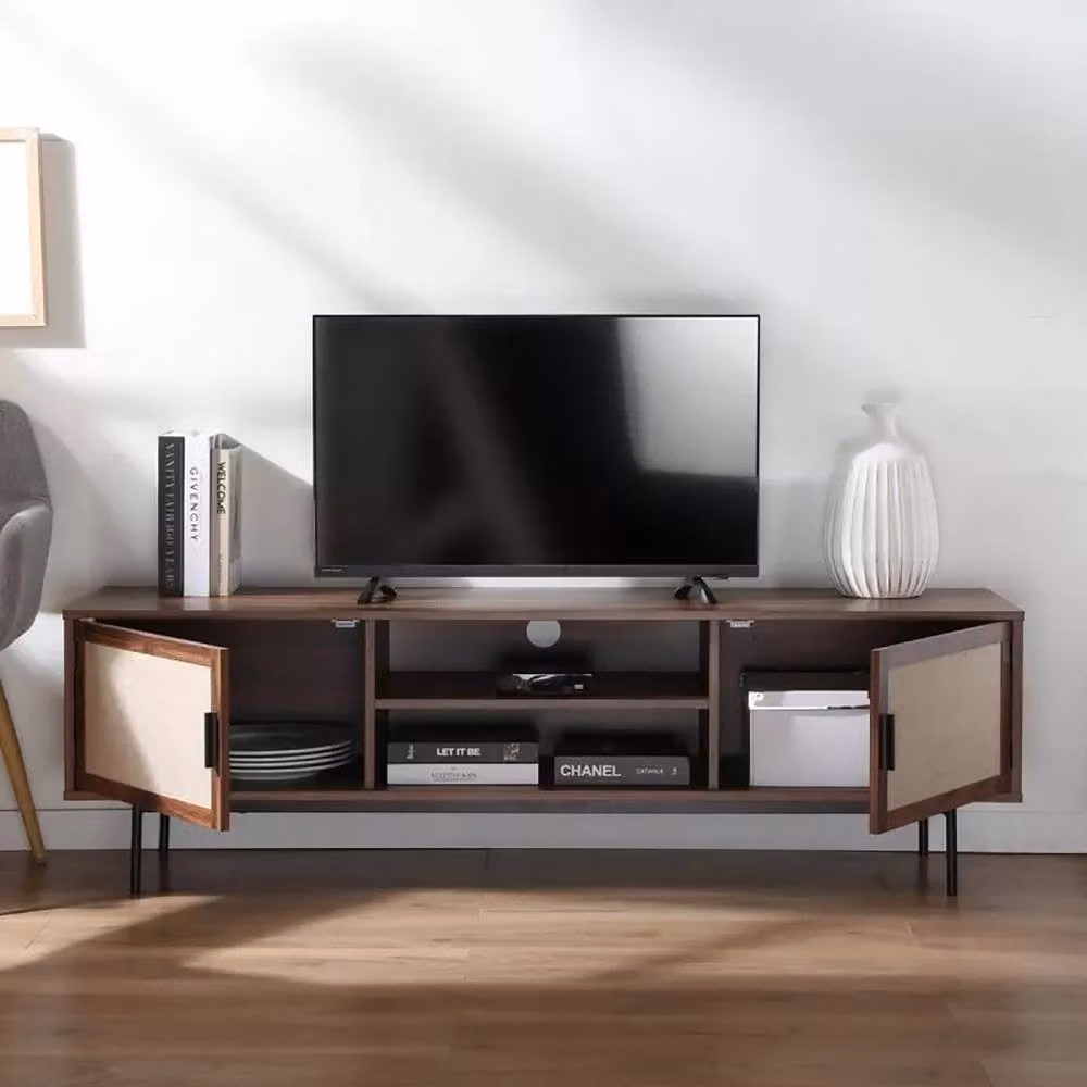 CALICOSY Jetson TV Unit in Dark Brown Walnut Finish with Fabric Fronts, W: 140 cm, D: 39.5 cm, H: 45 cm – 6
