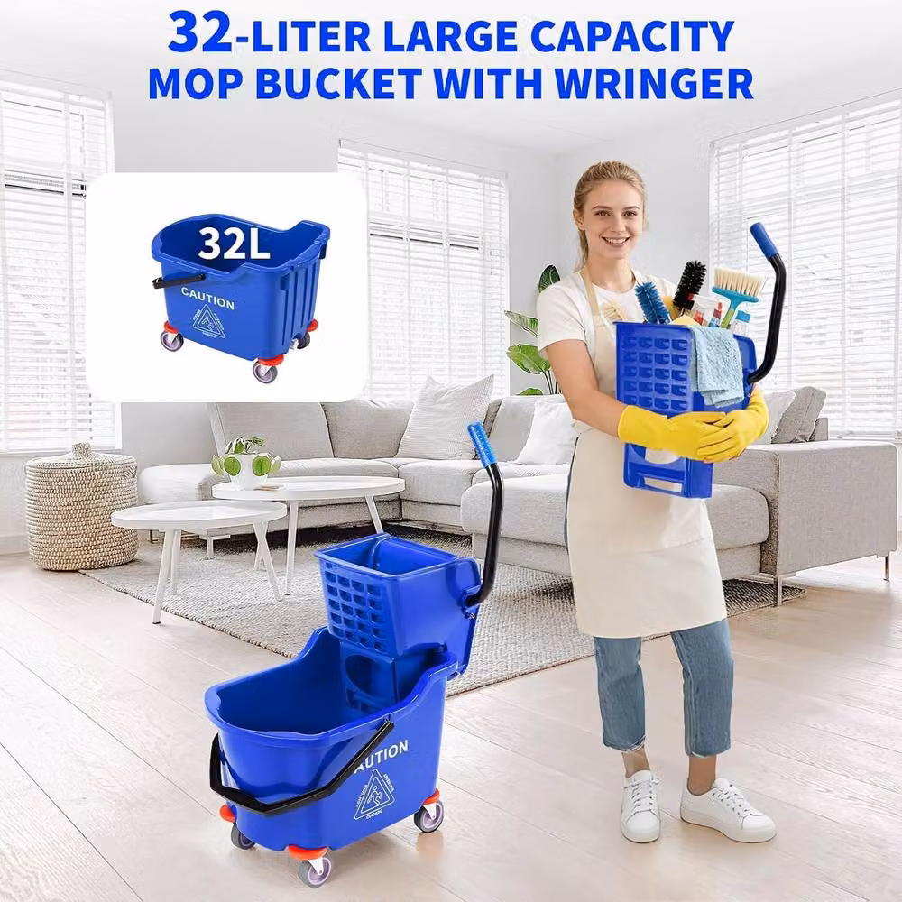 London Boutique 32L Commercial Mop Bucket with Side Press Wringer in Blue – 3