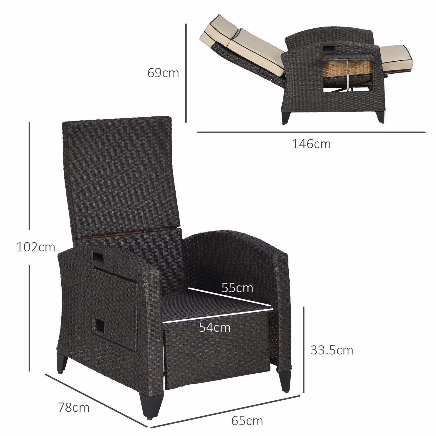 Outsunny Brown Polyrattan Outdoor Recliner Chair with Adjustable Headrest, Footrest, Side Tray and Cushions – 3