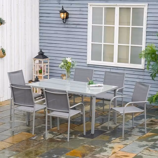 Outsunny 6 Seater Grey Garden Dining Set with Rectangular Glass Table and Stackable Metal Chairs