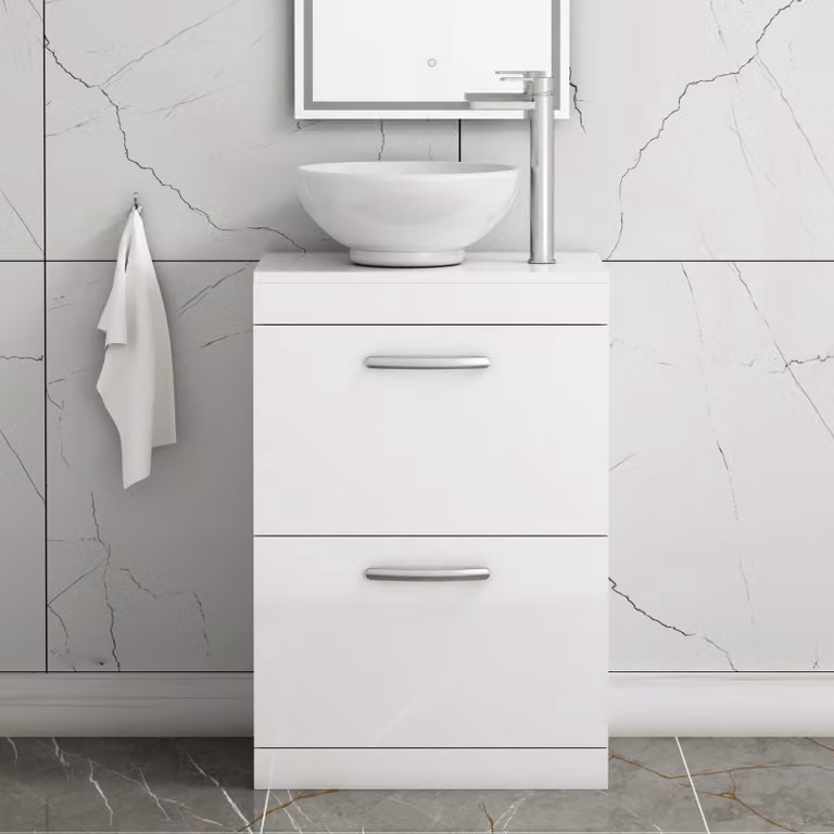 Royal Bathrooms Breeze Gloss White Floor Standing Vanity Unit with Countertop Basin and 2 Drawers