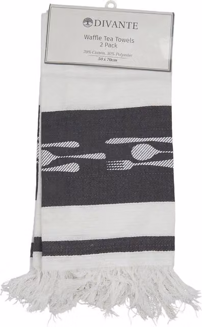 Divante Pack of 2 Highly Absorbent White Waffle Pique Graphic Boho Tea Towels