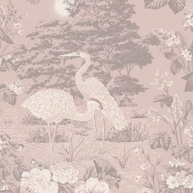 Belgravia Izumi Crane Pink Floral Animal Pattern Matt Paper Wallpaper Roll