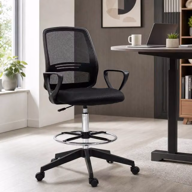 STILVORA Black Mesh Drafting Chair with Footrest and Swivel Base, H 120 x W 59.5 x D 61 cm