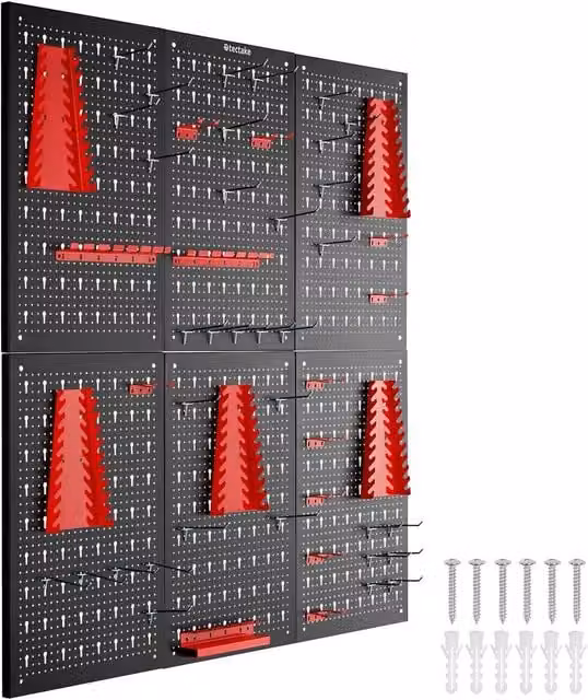tectake Jonah Steel Tool Pegboard with Hooks and Holders, Multicolour, W/D/H: 120 x 120 x 120 cm