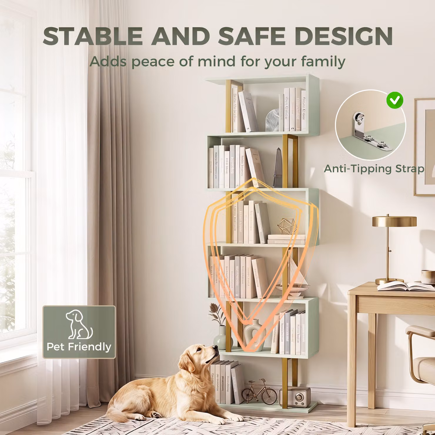 HOMCOM 5-Tier S-Shaped Freestanding Bookshelf in Green and Gold, H 188 x W 60 x D 23.5 cm – 3
