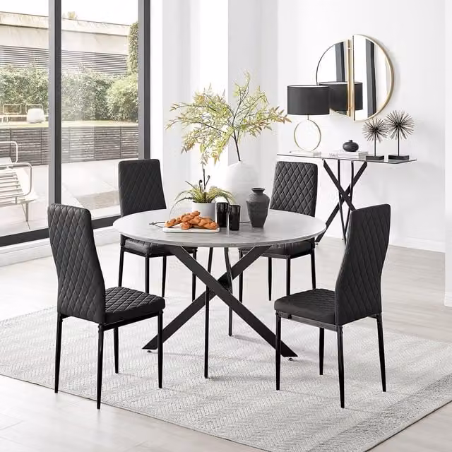 FurnitureboxUK Novara Grey Concrete Effect Round Dining Table and 4 Milan Black Leg Chairs