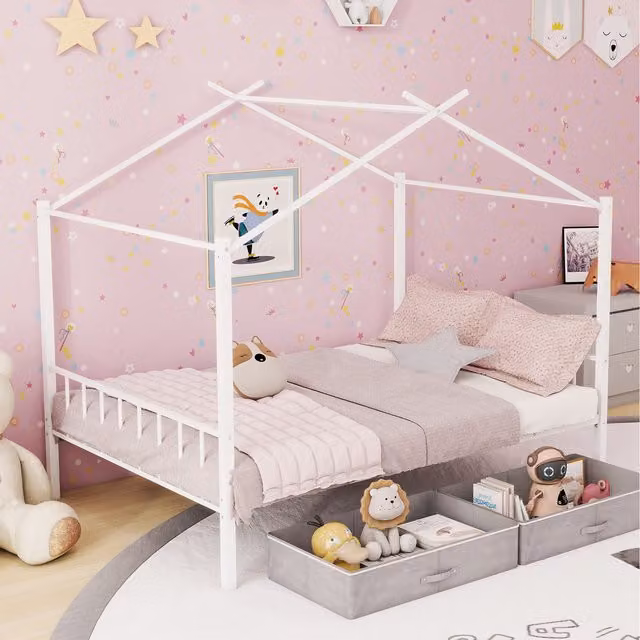 Costway White Metal House Bed Frame with 2 Drawers for Children, 140 x 200 cm