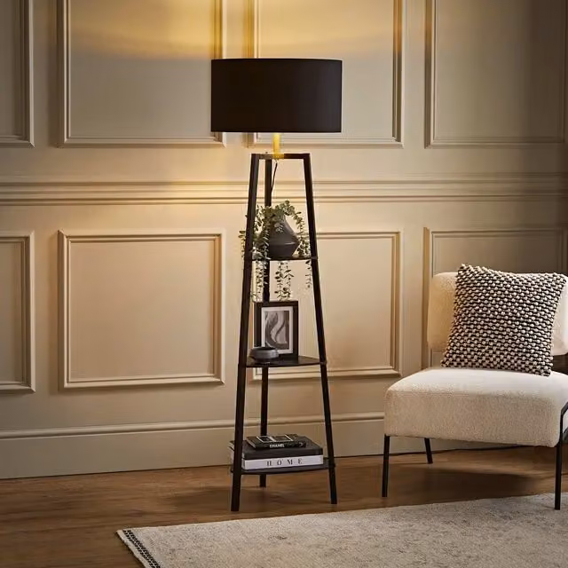 Hiru 3 Tier Shelf Floor Lamp with Metallic Shade in Black and Wood
