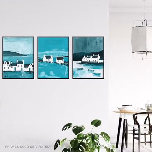 Artery8 Set of 3 Scottish Hebrides Isle of Mull Coastal Wall Art Paper Poster Prints in Petrol Blue and Teal – 3