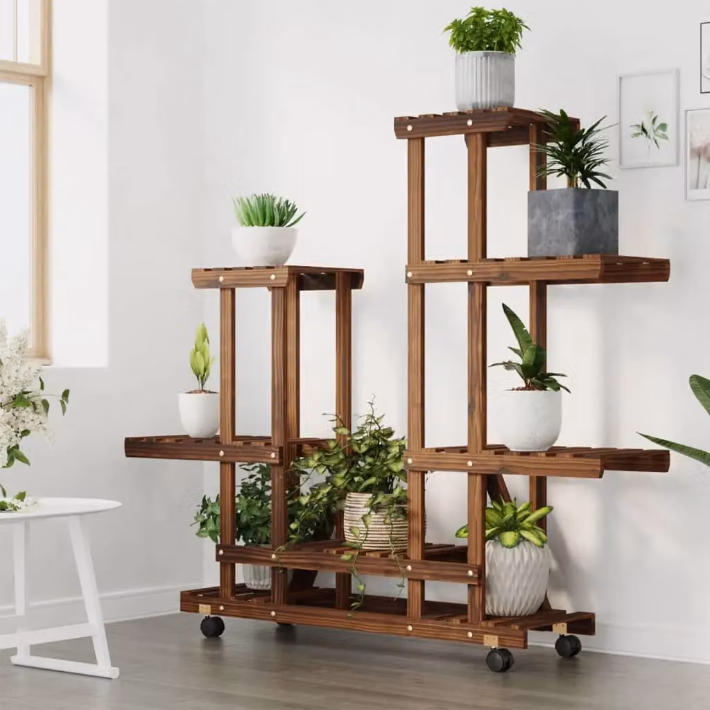 Berkfield Home Retro Flower Stand with Wheels in Brown Solid Wood, W/D/H: 95 x 25 x 101 cm – 3