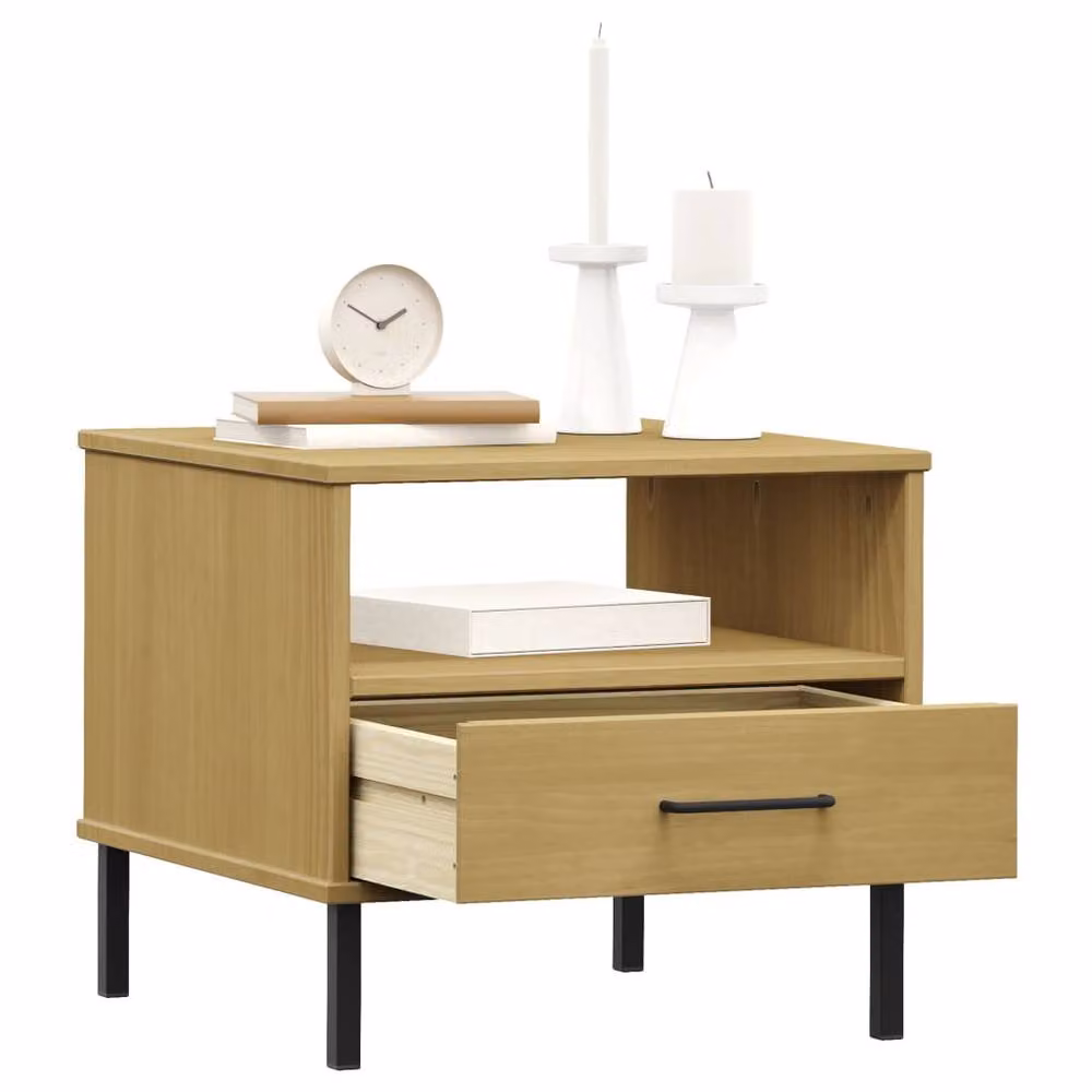 Berkfield Home Oslo Bedside Table in Light Tan Solid Pine Wood with Metal Legs – 3