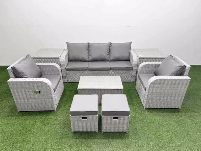 Fimous PE Rattan Garden Furniture Set in Light Grey with Upholstered Cushions, 3-Seater Sofa, Lounge Armchair, Coffee Table and Ottoman
