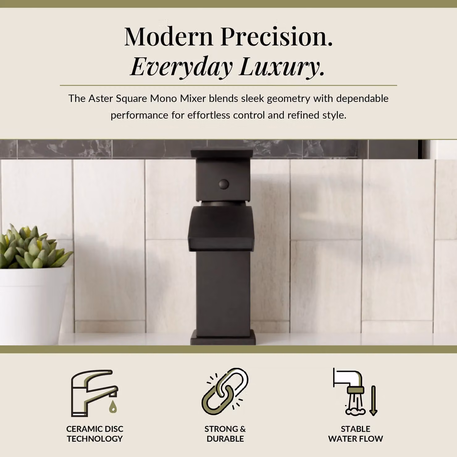 Balterley Contemporary Square Single Lever Mono Basin Mixer Tap with Pop Up Waste, Matt Black – 2