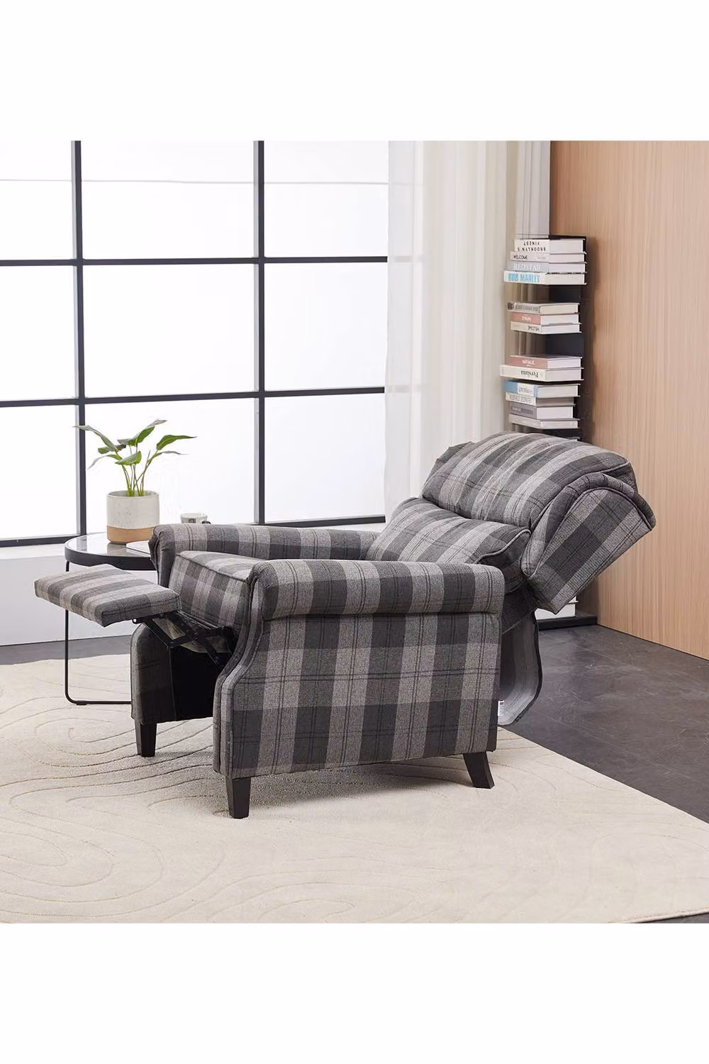 Living and Home Vintage Grey and Black Checked Linen Upholstered Recliner Chair with Adjustable Backrest and Armrests – 2