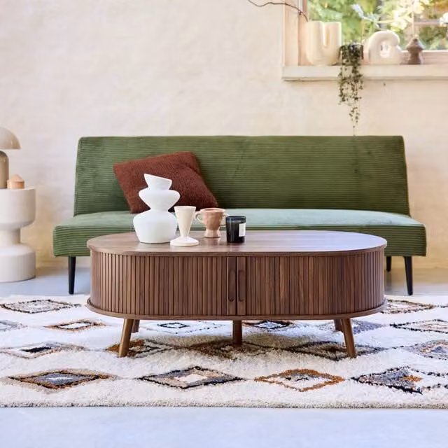 sweeek Coffee Table with Sliding Doors and Grooved Wooden-effect Compartments in Dark Brown, W/D/H: 120 x 59 x 39 cm