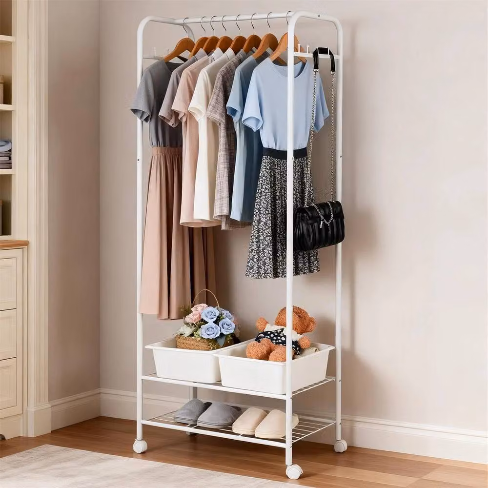ERGOVEXA 2-Tier Metal Clothes Hanging Stand and Garment Organiser Rack in White – 5