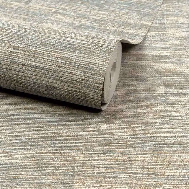 Grandeco Boutique Johor Fabric Stripe Embossed Wallpaper in Petrol, Beige and Brown