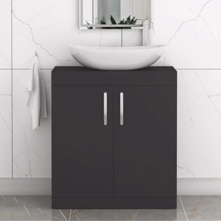 Royal Bathrooms Turin 600mm Floor Standing 2 Door Vanity Unit in Matte Black with Countertop Basin and Brushed Brass Handle