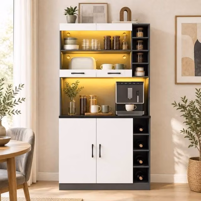 STILVORA Modern White Kitchen Cabinet with Integrated LED Lighting and Glass Doors