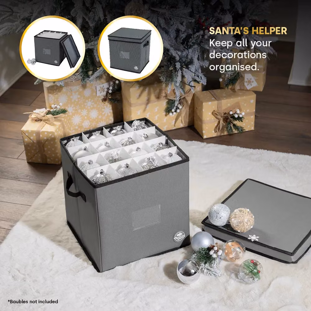 Christmas Village Collapsible Bauble Storage Bag in Grey and Red, 600D Fabric Premium 4-Layer Festive Ball Holder with Separator and Handles, W/D/H: 36.1 x 32.7 x 32.7 cm – 4