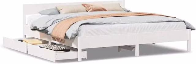 Berkfield Home White Solid Pine Wood Bed Frame with Drawers W/D/H: 180 x 200 cm