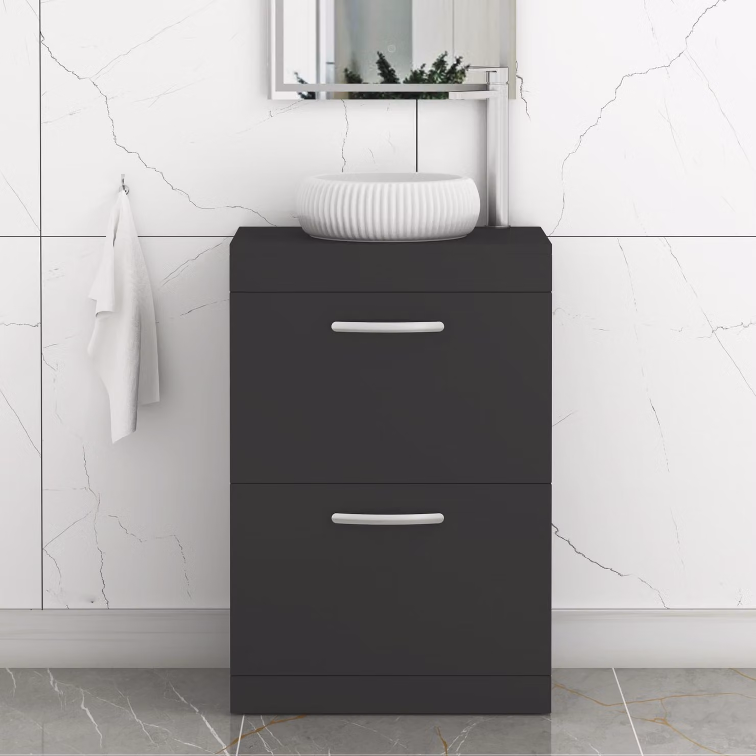 Royal Bathrooms Turin 500mm Floor Standing 2 Drawer Vanity Unit in Matt Black with Milan Countertop Basin and Matt Black Handle