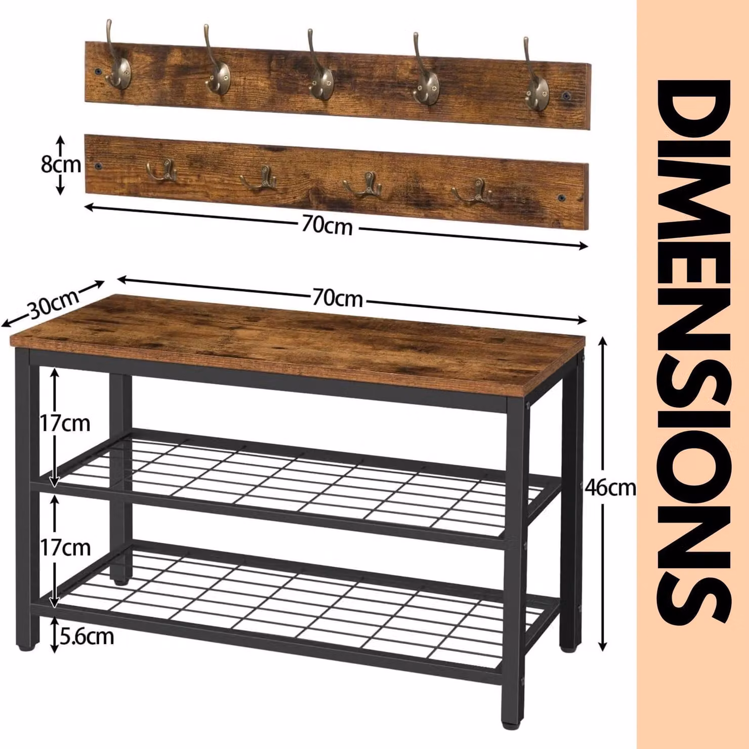 Rafaelo Mobilia Industrial Hallway Shoe Bench Set with 9 Hooks and Shelf in Brown and Black – 4