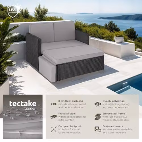 tectake Rattan Garden Furniture Set with 2 Seater Sofa and Ottoman in Black and Grey – 2