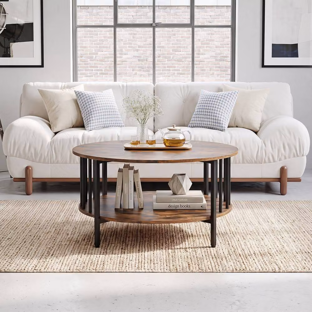 Gymax 2-Tier Round Coffee Table in Brown – 4