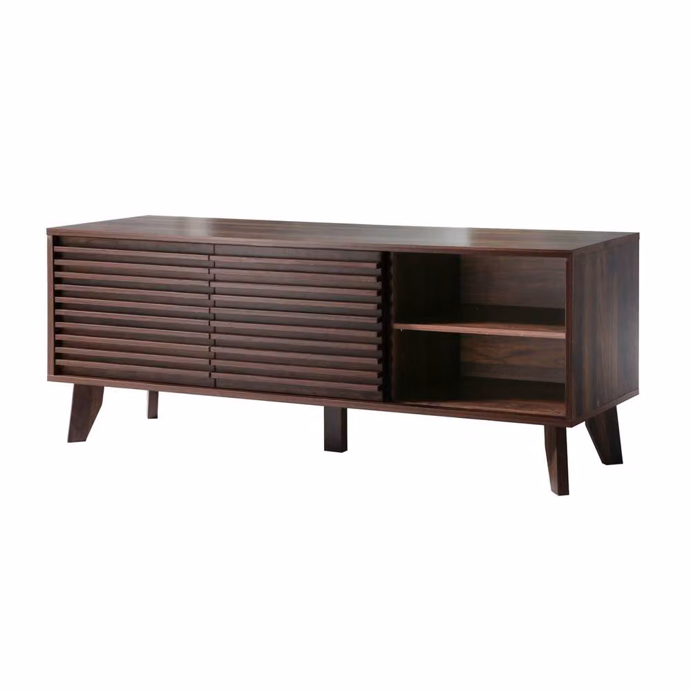 CALICOSY Modern TV Unit with Sliding Doors and Grooved Wood-Effect Fronts in Brown, W: 135 cm, D: 39 cm, H: 51.5 cm – 5