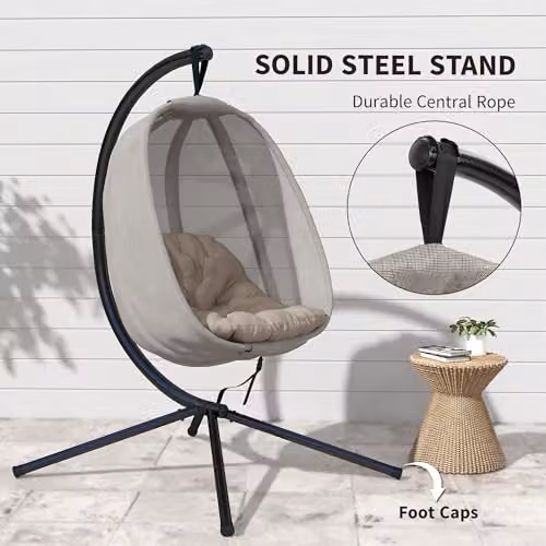 Outsunny Hanging Egg Chair with Metal Stand in Beige and Brown – 5