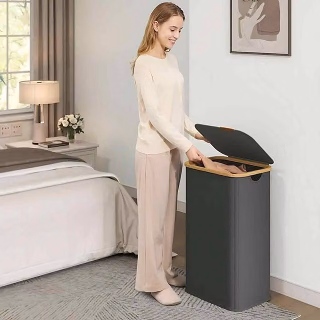 The Bazaarist Foldable Laundry Hamper with Lid, Bamboo Frame and Fabric, Dark Grey – 1