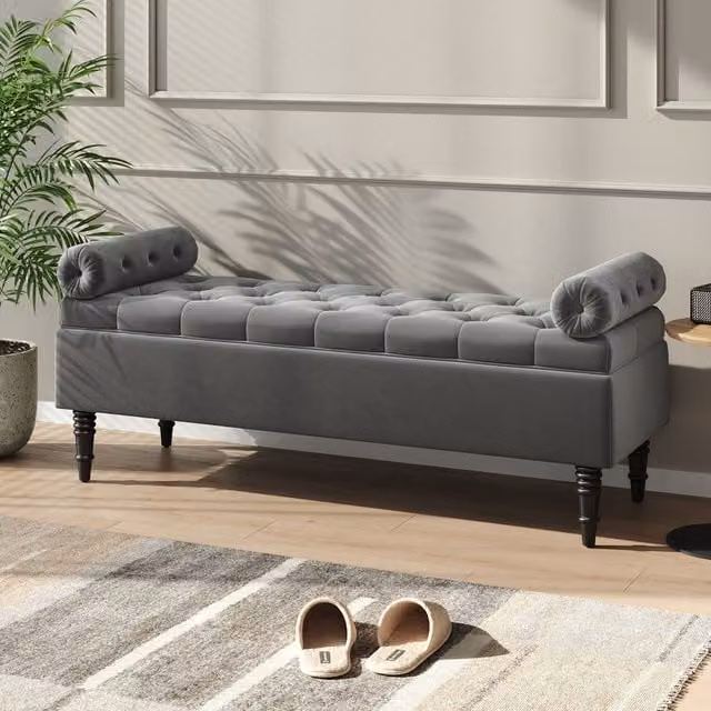 Livingandhome Grey Velvet Upholstered Storage Bench Seat with Armrests