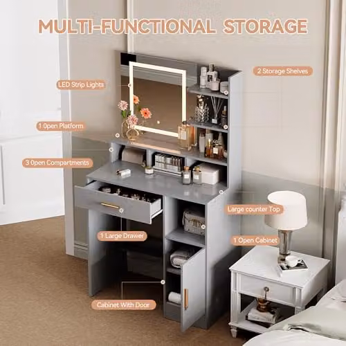 MCC Direct Truro Dressing Table with Hollywood LED Mirror and Storage in Grey, W/D/H: 140 x 40 x 80 cm – 3