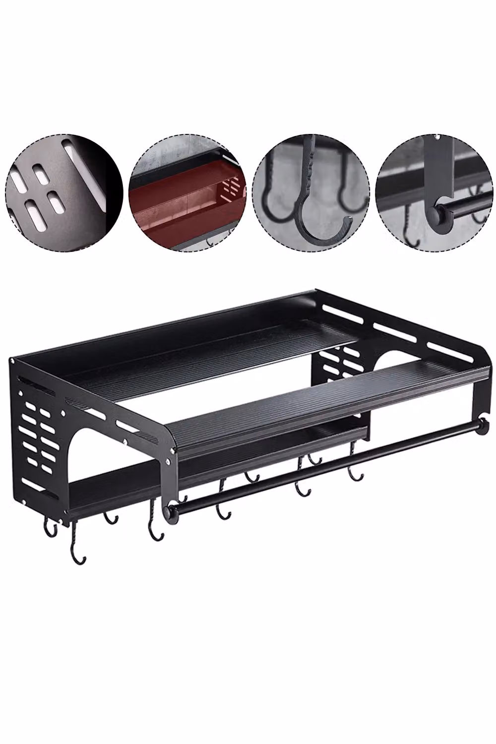 Living and Home Black Metal Wall-Mounted Microwave Shelf with 10 Hooks, Width: 55 cm – 4