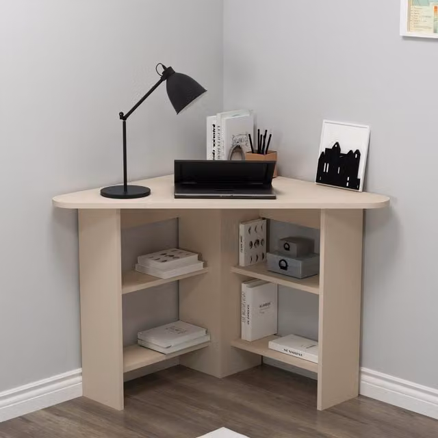 Destina Home Modern Corner Computer Desk with Shelves in Beige