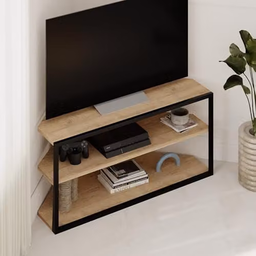 Decortie Echo Modern TV Unit in Oak with Metal Frame and Open Shelves, W/D/H: 98 x 37 x 45 cm – 1