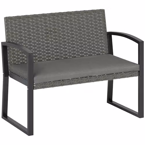 Outsunny 2 Seater Rattan Garden Bench with Cushion and Metal Frame, Grey – 1