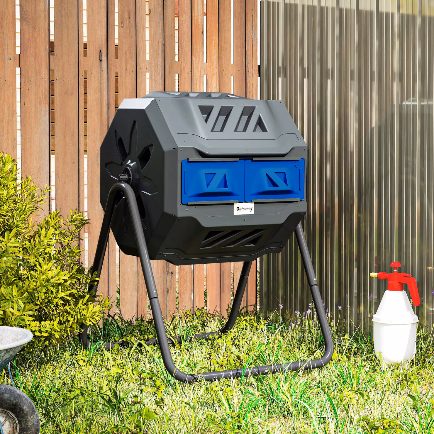 Outsunny 160L Dual Chamber 360 Degree Rotating Tumbling Compost Bin with Sliding Doors and Steel Frame, Blue – 7