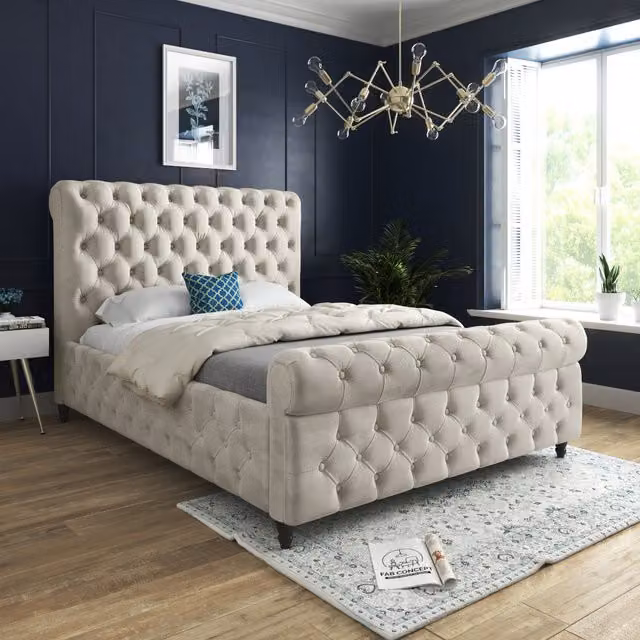 Nestling Sleigh Upholstered Velvet Bed Frame in Beige or Silver, 120 x 200 cm